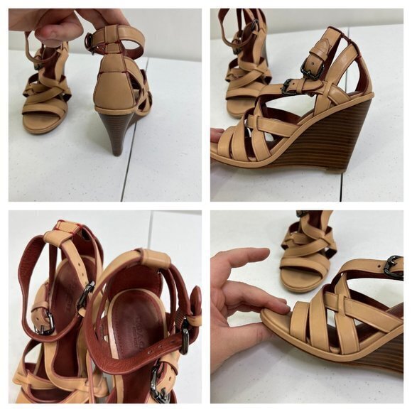 Coach Dawn‎ Wedges 6 B Leather Strappy Beige Heels Sandals Ankle Gladiator Brown - Picture 7 of 9